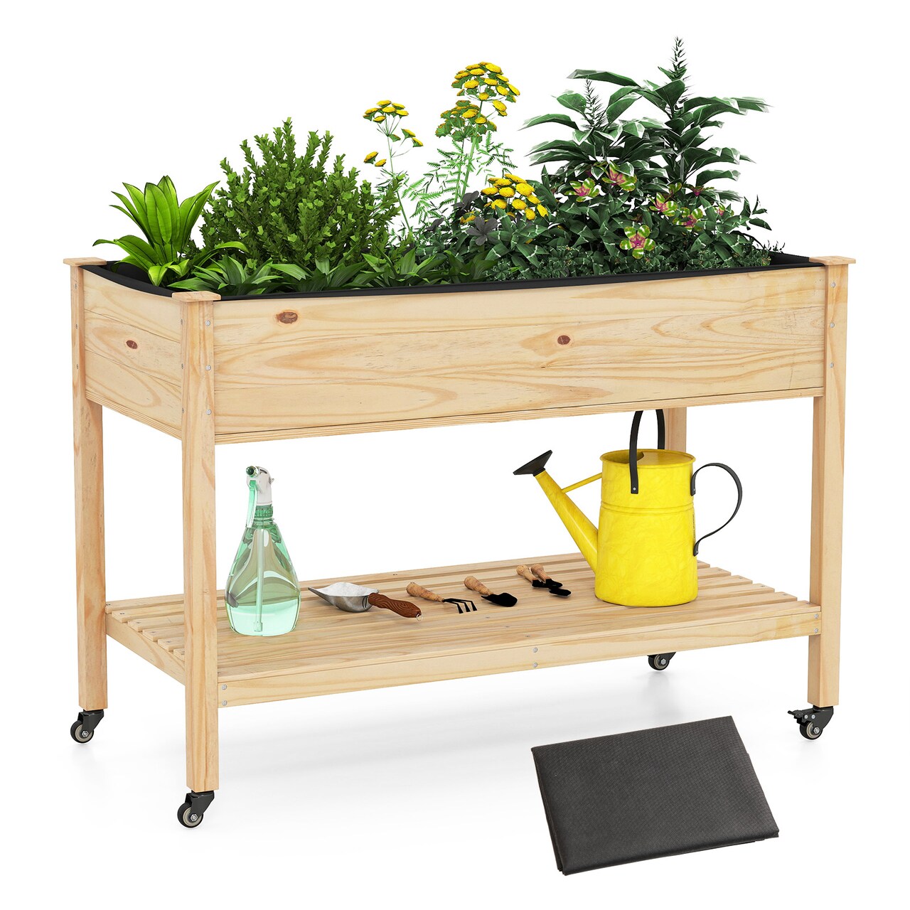 47" Pine Wood Raised Garden Bed with Wheels and Bottom Shelf Outdoor Planter Box with Liner